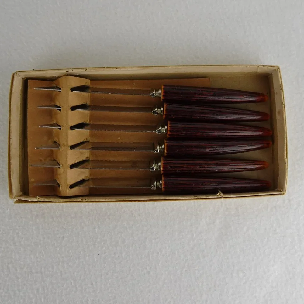 6 REGENT SHEFFIELD Steak Knives Stainless Blade Faux Antler Handle Original Box